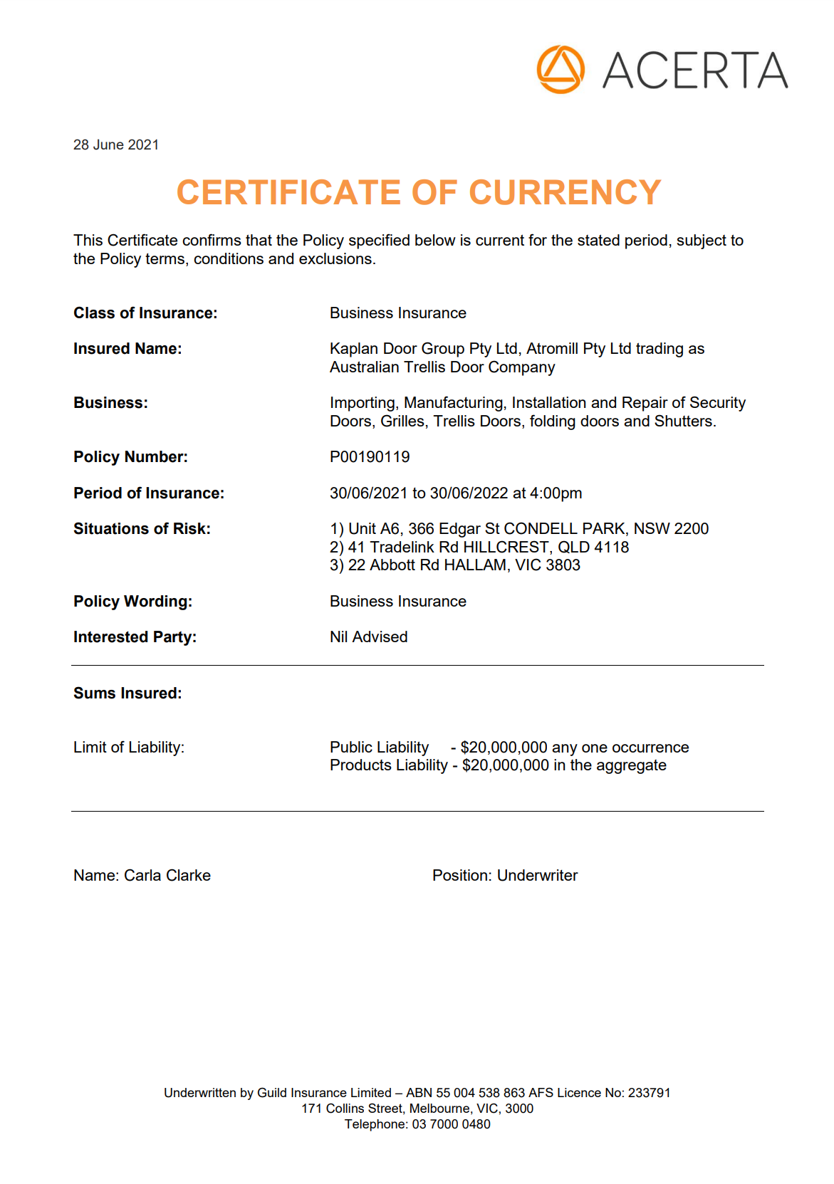 Public Liability Certificate of Currency 2022